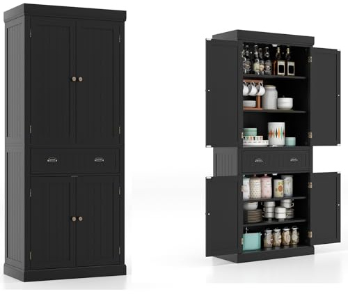 KOMFOTTEU Credenza Alta da Cucina 183,5 cm, Armadio Alto a Buffet in Legno, Mobile Cucina Dispensa con Ripiani Regolabili e Cassetto, per Soggiorno, Sala da Pranzo, 76 x 40 x 183 cm (Nero)