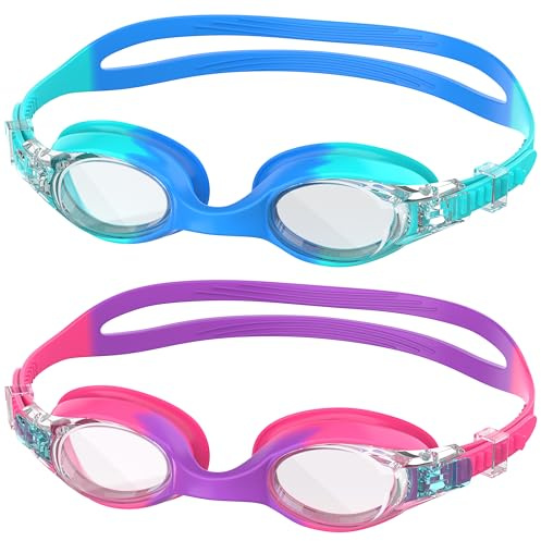 Ambienden 2 Pcs Lunette Piscine Enfant, Anti-Buée Avec Vision Claire, Protection UV, Joint en Silicone, Uinsex Petite Monture Lunette Piscine Adaptées Aux de 6 à 14 ans, Gradient Blue + Pink＆Purple