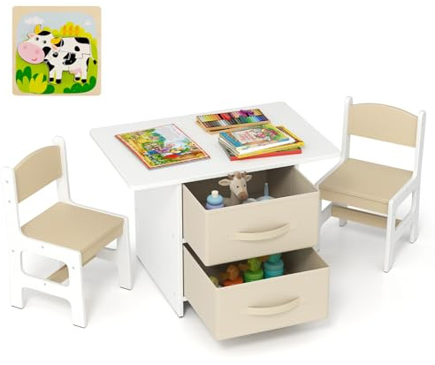 RELAX4LIFE Tavolo per Bambini con 2 Sedie Ergonomiche e 2 Cassetti in Tessuto Rimovibili, Set Scrivania e Sedia per Bambini dai 3 Anni in Su per Giocare e Studiare, Carico 50 kg (Beige)
