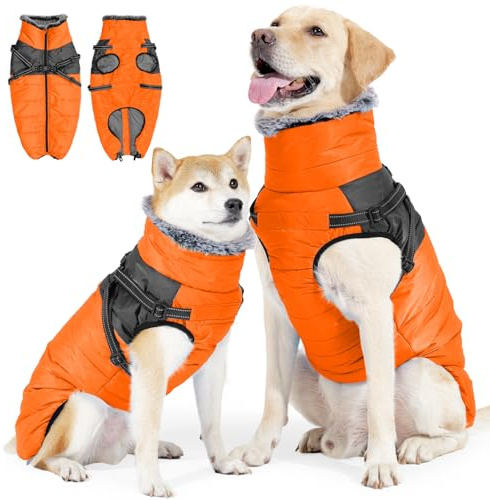 Dog Coat with Harness Warm Winter Coats,Waterproof Upgrade Zip Up Dog Clothes,Reflective Puffer Jacket for Small Medium Large Dogs (Orange, S)