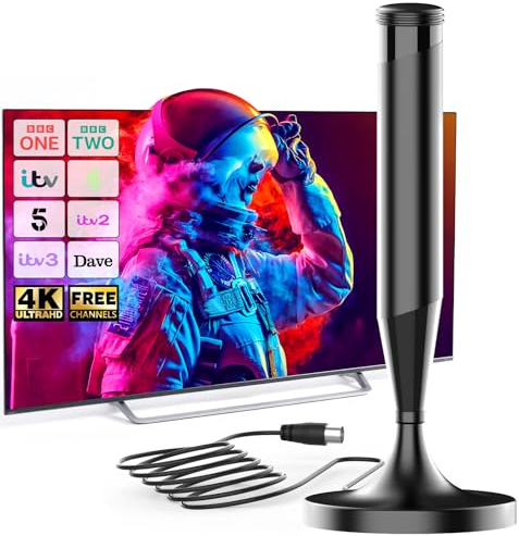 Indoor TV Aerial Magnetic Base 360° Signal Reception Digital TV Aerial Indoor Compatible with Smart TV and All Televisions Supports 8K 4K 1080P Universal Indoor Aerial 5m Coaxial Cable