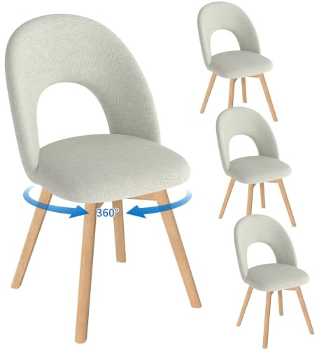 WAFTING Sillas de Comedor giratorias Patas Madera, Pack 4，Gris Claro | Giratorio 360° silencioso, tela de lino gruesa con respaldo calado transpirable, apto para comedor, cocina, sala