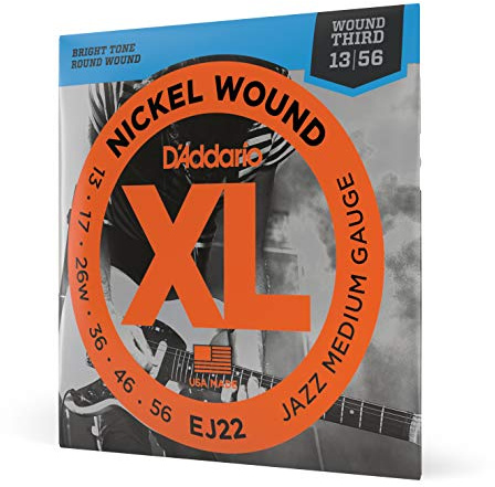 D'Addario Gitarrsträngar - XL Nickel Strings för elgitarr - EJ22 - Perfekt intonation, konsekvent känsla, pålitlig hållbarhet - För 6-strängade gitarrer - 13-56 Jazz Medium | XL nickel elgitarrsträngar ger briljant ljud, exakt intonation, hög hållbarhet och jämn spelkänsla.