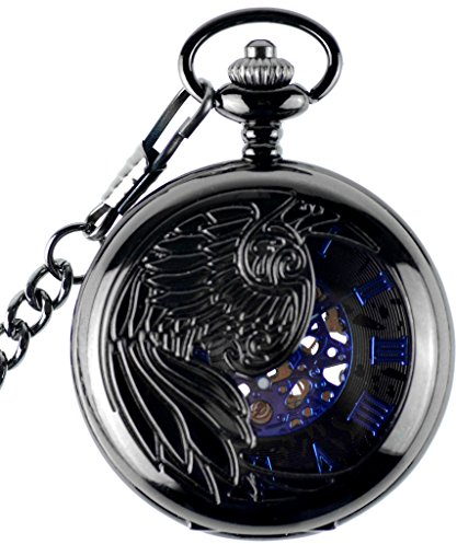 Unendlich U Fashion Adler/Phönixe Retro Handaufzug Mechanische Taschenuhr Hohle Skelett Kettenuhr Pullover Halskette Schwarz Blau