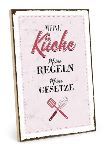 TypeStoff Holzschild mit Spruch – MEINE KÜCHE, MEINE REGELN, MEINE GESETZE – shabby chic retro vintage nostalgie deko Typografie-Grafik-Bild bunt im used-look aus MDF-Holz - HS-00239