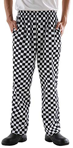 Men’s Black and White Checkerboard Print Chef Pants with Elastic Waist Drawstring Baggy Chef Uniforms Blackwhite M