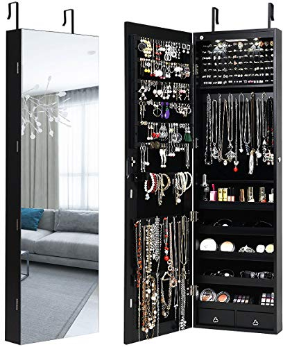 GIANTEX Schmuckschrank hängend mit LED, Spiegelschrank Ganzkörperspiegel, Schmuckregal Schmuckkommode abschließbar, Hängeschrank Türmontage & Wandmontage, Wandschrank für Ketten Ohrringe (schwarz)