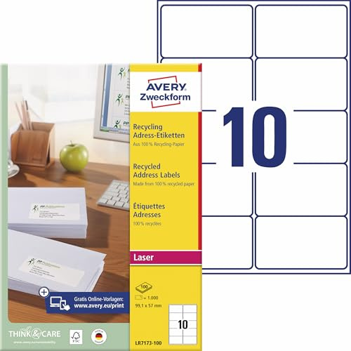 AVERY Zweckform LR7173-100 Recycling Etiketten (1.000 Adressaufkleber, 99,1x57mm auf A4, 100% recyceltes Altpapier, bedruckbar, selbstklebend, für C4/C5 Briefkuverts) 100 Blatt, naturweiß
