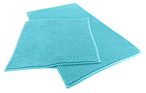 heimtexland ® Badvorleger Chenille Super Flauschig Saugstark Badteppich Badematte Ökotex Typ771 Aqua Set 45x50 / 50x80 cm
