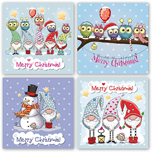 Välgörenhet julkort. 24 stycken Varje multipack med julkort har 4 olika Gnomes & Owls designer. Miljövänlig och tillverkad i Storbritannien. Insida blank 115 x 115 mm kortstorlek.