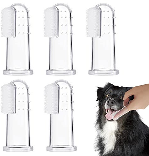 BLMHTWO 5 StüCk katzenzahnbürste für katzen ，FingerzahnbüRste Hund Wiederverwendbar HundezahnbüRste Mit Silikonborsten und 16 Runden KöRnchen Aus Eingedicktem Silikon ZahnbüRsten-Set FüR Hunde Katzen