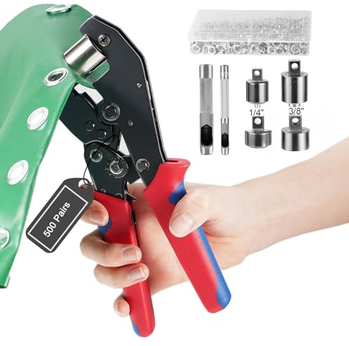 Amliber 2-Size Grommet Tool Kit, 1/4 3/8 Hole Punch with 500 Pairs Grommet Kit, Interchangeable Head Grommet Press with Silver Eyelets and Grommets for Fabric, Tarp, Leather