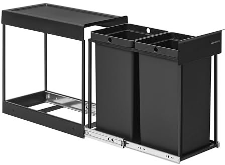 SONGMICS Mülleimer küche, Mülltrennsystem für Unterschrank, 2 x 15 L, Abfalleimer 2 Fächer, ausziehbar, Stahlrahmen, ABS-Deckel, tintenschwarz LTB950B01