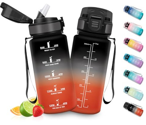 HoneyHolly Botellas de Agua para Niños 500ML, Botella Agua sin BPA con Marcador de Tiempo, Plastico Botella de Agua Deportiva Motivacional, con Pajita, Cantimplora para Colegio, Bicicleta
