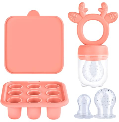 Aolso Bebé Comedero de Frutas, Moldes de Paletas Leche Materna para Bebés,Alimentador de Silicona Sin BPA para la Autoalimentación Segura del Bebé,Bandejas para Congeladores de Alimentos-Naranja rosa