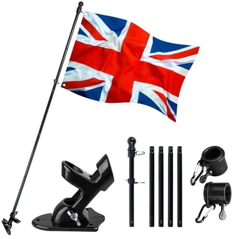Union Jack Flag and Pole, 5ft x 3ft Large British Flag with Eyelets, Durable UK Flags for Outdoor Events, Parties & Patriotic Displays (Flags + 5FT FlagPole + Mounting Bracket)