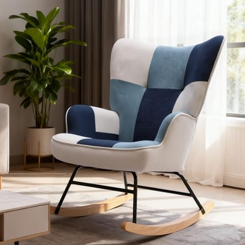 HomeMiYN Mecedora escandinava de Terciopelo con Estructura de Metal y Base de Madera, sillón Acolchado para salón, Estilo Retro, Silla de Relax para salón, Dormitorio o habitación Infantil Azul