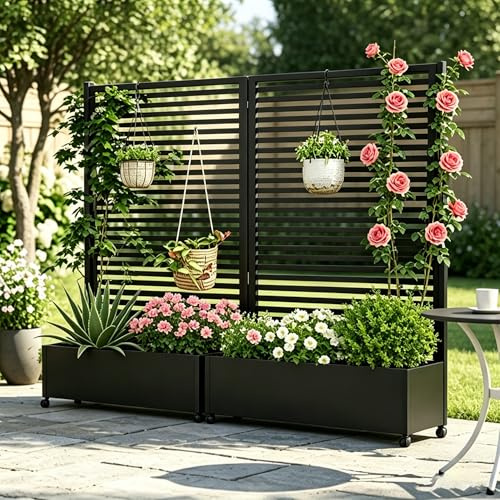 BIXUYOU Jardinera metálica para Exterior con Enrejado, bancal Elevado de Metal con Ruedas, Jardinera Independiente con privacidad para Flores y Verduras en jardín, Patio y balcón.