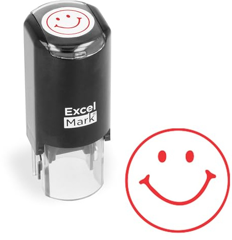 ExcelMark Round Teacher Stamp - Smiley FACE 1 - RED Ink