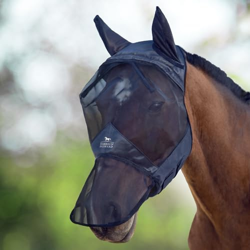 Harrison Howard CareMaster UV-proof Thick Fleece Padding Translucent Fine Mesh Horse Fly Mask Long Nose with Ears Full Face Black Small Pony