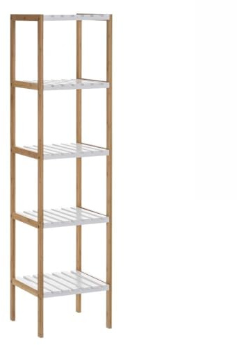 Estantería de pie de bambú natural con 5 baldas blancas de 33x34x140 cm | Estante bicolor para baño, cocina, despacho o salón. Almacenaje elegante de estilo nórdico. Resiste 5kg por balda