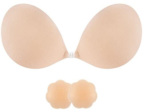 SHINYMOD Strapless Bra, Invisible Backless Bra Breast Lift Up Push Up Padded Sticky Bras Bigger Bust Self Adhensive Nipple Cover Reusable Bra for Wedding Dress Swimsuit Women, Beige, A