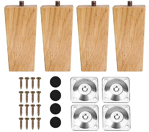 INMOZATA Möbelfüße Holz 4 Stück 10cm Tischbeine Vierkant Möbelbeine aus Eiche mit Montageplatten Schrauben und Fußpolster für Schrank Sofa Couchtisch Natürliche Farbe