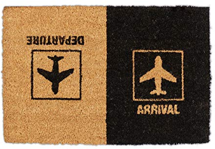 Relaxdays Felpudo Coco, Arrival Departure, Alfombrilla Puerta Entrada, Diseño Aeropuerto, 40 x 60 cm, Negro y Marrón