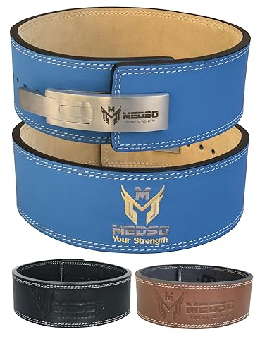 MEDSO Weightlifting 100% Genuine Leather Lever Belt, For Weight Lifting, Powerlifting, Cross Training, Squats, Deadlift, Workout Belt, 10MM Thickness 4” Wide for Men and Women (BLUE, M)