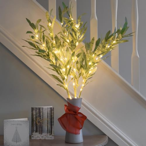 Festive Lights - 3 x 65cm Decorative Olive Leaf Branch Lights (1 Pack) with 60 Warm White LEDs - Battery Powered Indoor Foliage, Green Design, Timer Function, Clear Cable, Twig Style Vase Display