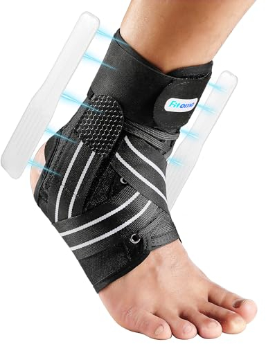 Fitomo Cavigliera Ortopedica per Distorsione, Cavigliera Sportiva con Stabilizzatore Staccabile, Tutore Caviglia Distorsione per uomini e donne (Strisce Bianche, M)