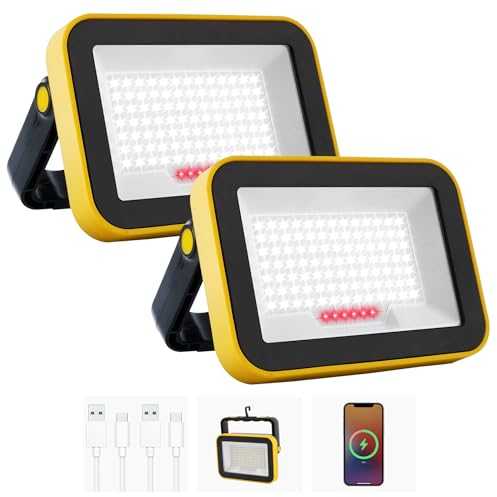Foco LED Recargable, NATPOW Luz LED Trabajo Portátil USB con Baterías 4000 mAh, 5 Modos Foco Led Bateria IP65 Impermeable Lámpara Camping para Construcción, Garaje, Taller (2 unidades)