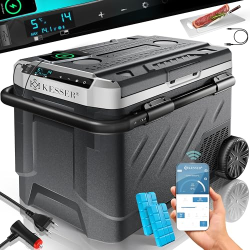 KESSER® Nevera eléctrica de compresor 61 litros | Congelador para Camping con Control táctil LED | Control de App y acumuladores de frío USB 12/24V 230V | Refrigerador -20°C Coche y Camión Antracita