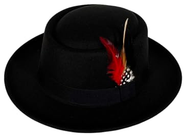 Punctualgood Wool Felt Fedora Hats for Women Men, Wide Brim Flat Top Hat, Jazz Hat with Feather Unisex (US, Alpha, One Size, Black)