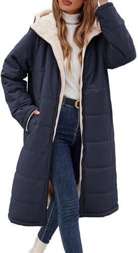 Vancavoo Abrigo Largo de Invierno para Mujer Reversible Chaqueta Acolchada con Capucha Cálido Gruesa Elegantes Abrigo de cordero con Forro Polar para Exteriores(Azul marino,L)