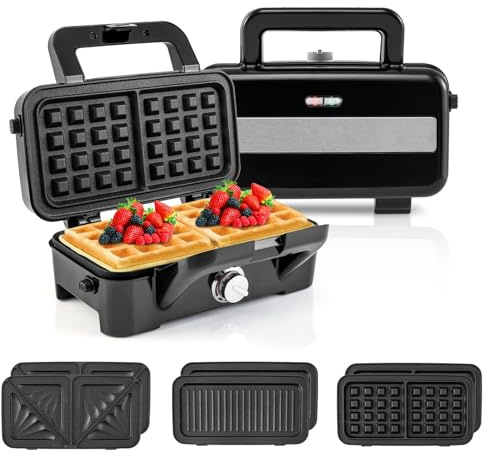 Nightcore 3 in 1 Waffle Maker, Electric Panini Press Grill w/Removable Non-Stick Plates, Indicator Lights, Cool Touch Handle, 1082W Sandwich Toaster w/ 5-gear Temperature Control for Breakfast