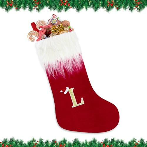 Alederways julstrumpor, 56 cm rött monogram stickade jul personliga broderade strumpor, stickad sammet julstrumpor röd öppen spis hängande strumpor för julklapp juldekor (L)