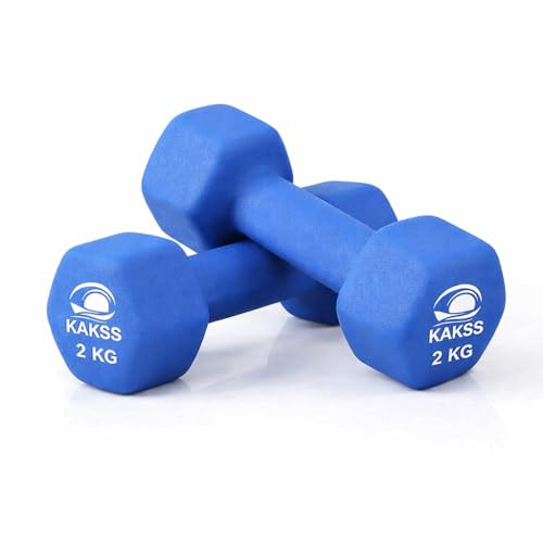 KAKSS Neoprene Dumbbells Set, 2kg Dumbbells Pair (2 x 2kg) Blue Hex Hand Weights with Anti-Slip Comfortable Grip, Compact Gym Weights for Home Gym Equipment, Aerobics and Strength Training