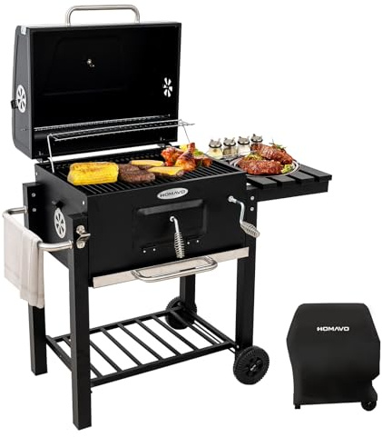 HOMAVO Barbacoa de Carbón, Parrilla con Tapa de Acero de 56×42,5 cm, Bandeja Ajustable en Altura, Mesa Lateral Plegable, Incluye Funda