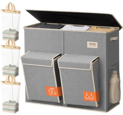 SOLEDI 220L Laundry Basket 3 Section with 2 Pockets for Family & Sorting | Extra Large Laundry Hamper with Lid and 3 Removable Bags, Sort Clothes Storage Bin for Bedroom, College, Flat, Laundry