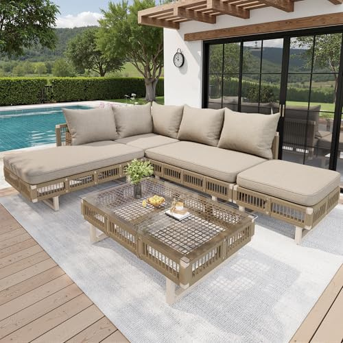 Xwiny Gartenmöbel-Set, Balkonmöbel Set, Outdoor-Sitzgruppe mit Verstellbaren Füßen, 5-teiliges, 2 Doppelsofa, 1 Ecksofa, 1 Hocker, 1 Glas-Couchtisch, Alle Kissen Inklusive (Beige)