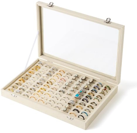 Frebeauty Ring organiseringsbricka 100 fack ringhållare med klart lock sammet ring förvaringsbox ringbricka för smyckesbutik ring display fodral för smycken show ring låda för kvinnor (beige) | Sammetsfoder ger skydd, passar ringar i olika storlekar, smyckebricka i glaslock, för personligt bruk och ringdisplay