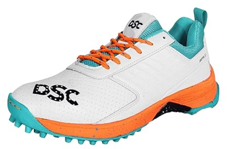 DSC Jaffa 22 Professional Cricket Shoes for Men | Toe and Heel Protection | Multilayer Cushioning | Supersoft and Flexibility | Rubber Outsole | Durability (White/Orange, Size: EU 46, UK 12, US 13)