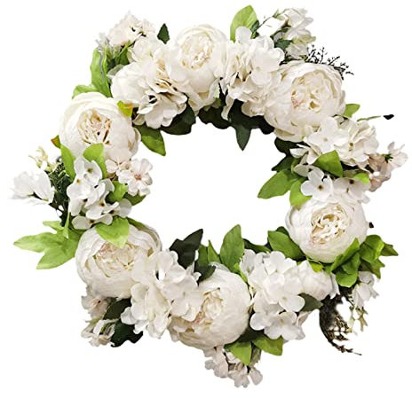 QYLJZB Künstliche Pfingstrosen Kranz 40 cm weiß für Eingangstür Wand Fenster Hochzeit Party