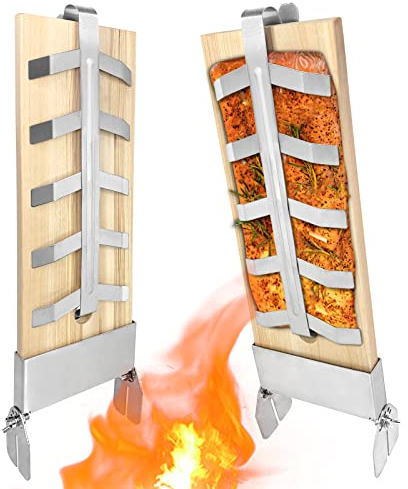 VA-Cerulean Tabla de salmón flameado con soporte de acero inoxidable, 2 piezas, tabla de madera de cedro para asar, 5 niveles ajustables, para brasero, barbacoas, accesorios para barbacoa