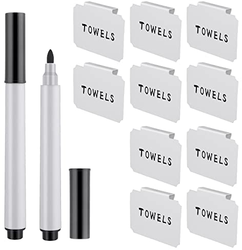 12 Pieces Basket Labels Clip on Set, Include 10 Pieces Kitchen Clip Label Holder Removable Pantry Basket Labels with 2 Pieces Black Chalk Marker for Storage Bins Organization Box (White)