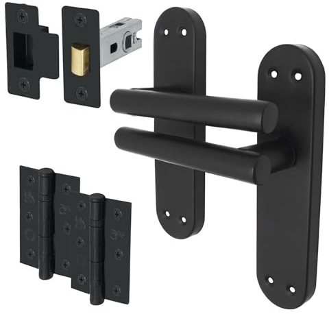 EAI Black Door Handle Latch Set, 1 Pair Matt Black Internal T-Bar Handles, Hinges (76mm) Latches (64mm) - Oliena