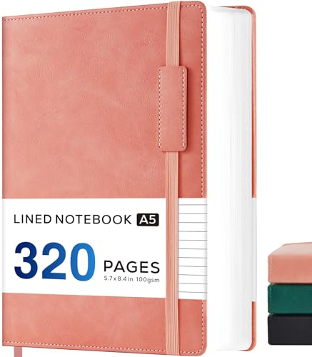 NIRMIRO Notizbuch A5 Liniert, Hardcover Leder Tagebuch für Erwachsene, 320 Seiten, 100 g/m² Tintenfestem Papier, Geeignet für Männer und Frauen zum Schreiben bei der Arbeit, 14 x 21 cm, Rosa