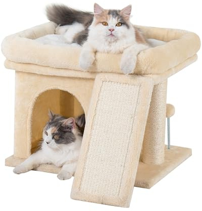 Aechonow Small Cat Tree Tower for Large Cat, Cat Bed House with Large Perch for Adult Cats, 20x16.5 Inch Big Platform for Indoor with Super Cozy Soft Mat, Large Cat Condo with Scratching Post, Beige