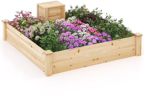 GOPLUS Cama de Jardín Elevada de Madera de Abeto, Huerto Urbano con Contenedor de Compost, Macetero para Verduras, Frutas, Flores, Hierbas, 124 cm x 124 cm x 25,5 cm 300 L